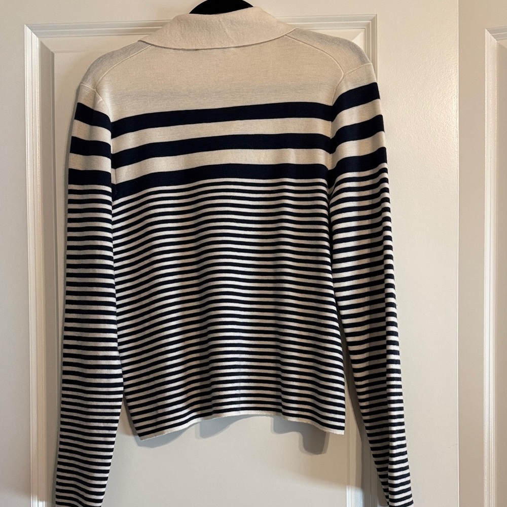 Veronica Beard Cream and Navy Striped V-Neck Sweater - Picture 2 of 6